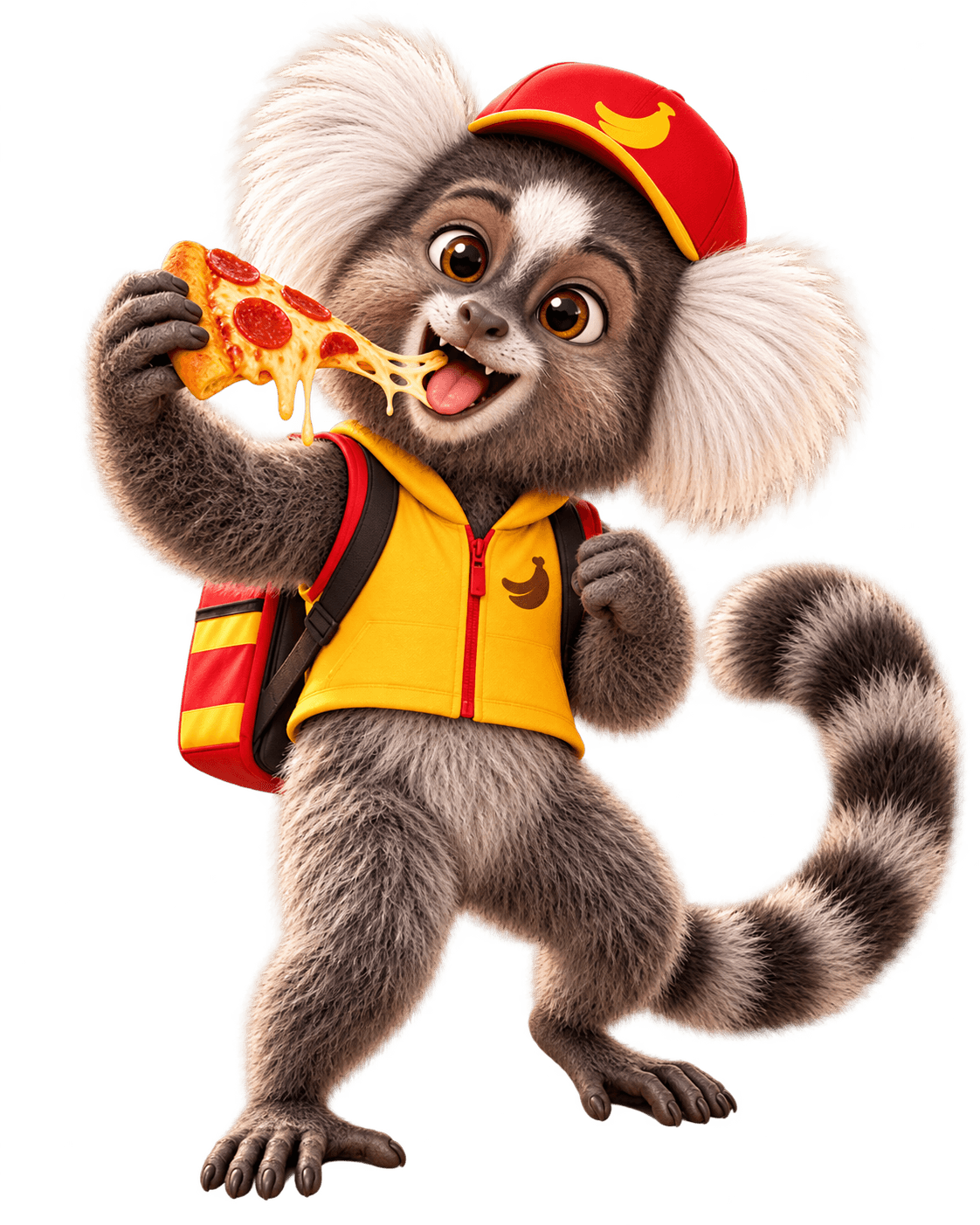 Mascote Saggui segurando uma fatia de pizza